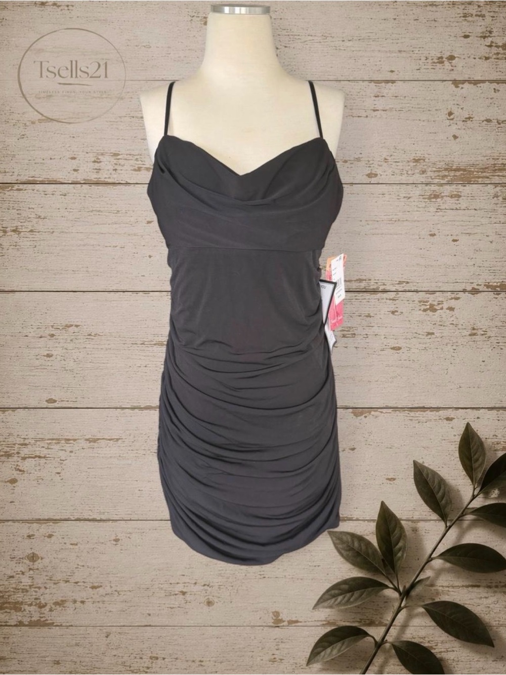 NWT Emerald Sundae Black Draped-Neck Ruched Bodycon Mini Dress - Size XL